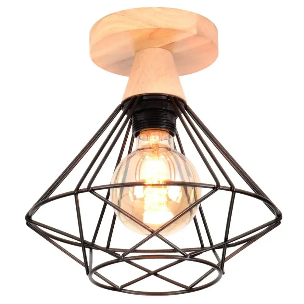Industrial wood ceiling chandelier featuring a black metal cage and natural wood mount with exposed edison bulb decorbites industrial wood ceiling decor