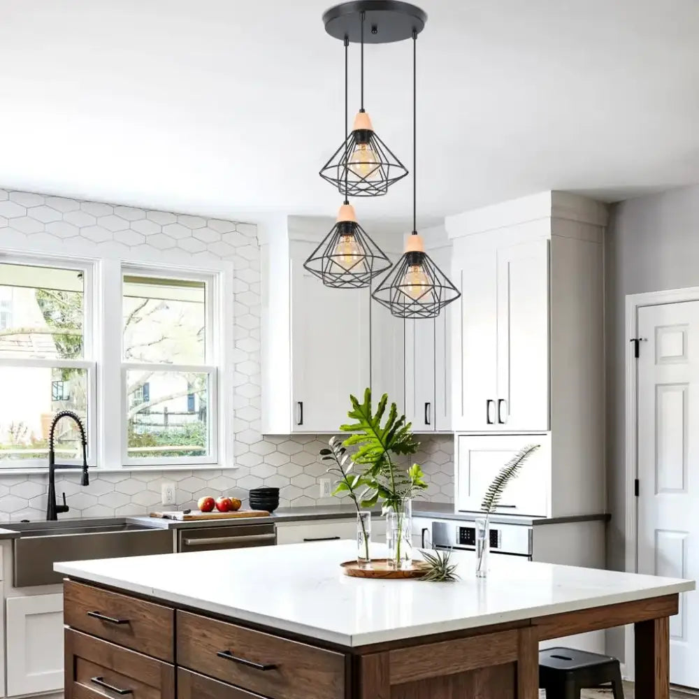 Three black metal cage pendant lights with warm wood accents hang as an industrial wood ceiling chandelier decorbites
