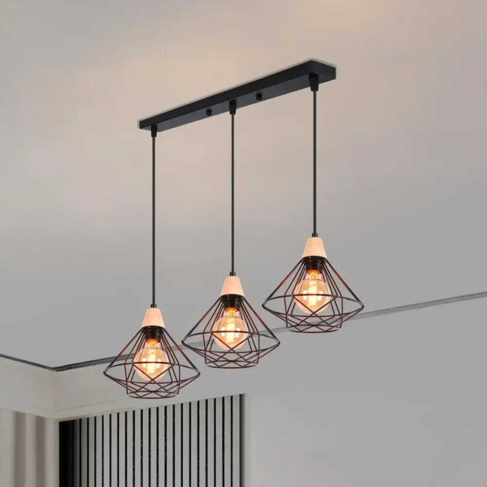 Industrial wood ceiling chandelier with black metal cage pendant light featuring three geometric filament bulb cages