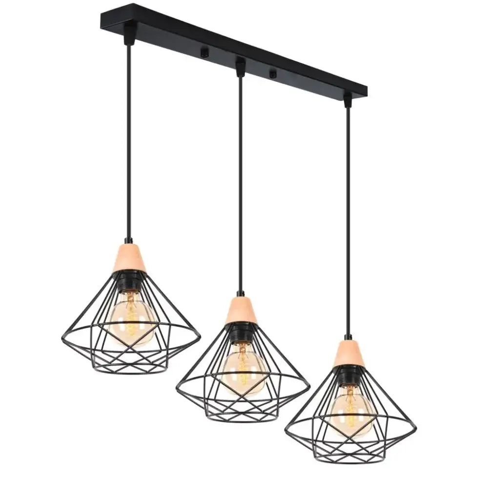 Black metal geometric ceiling chandelier with three exposed Edison bulbs and peach wood accents industrial wood ceiling decorbites