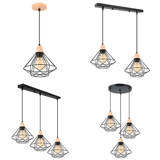 Black metal cage ceiling chandelier with warm wood accents and exposed bulbs for industrial wood ceiling decorbites lighting