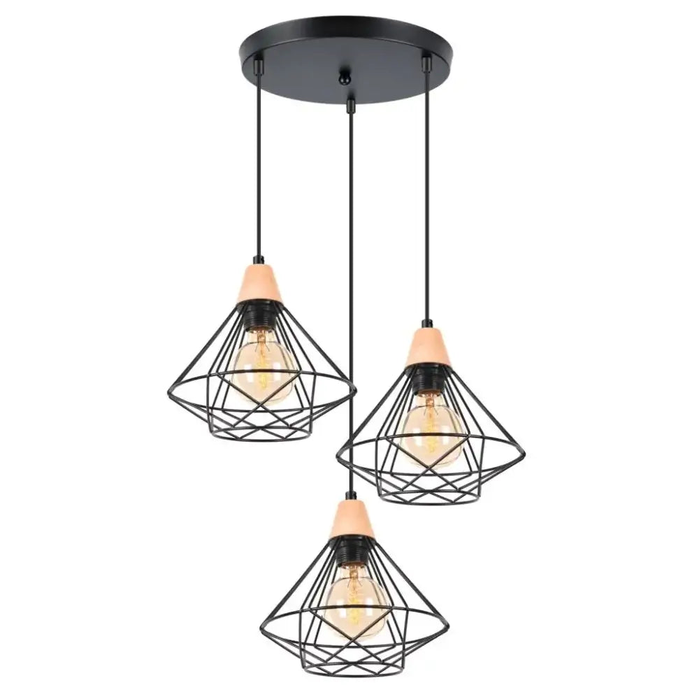 Black metal cage ceiling chandelier with warm wood accents and exposed filament bulbs for industrial wood ceiling decorbites style