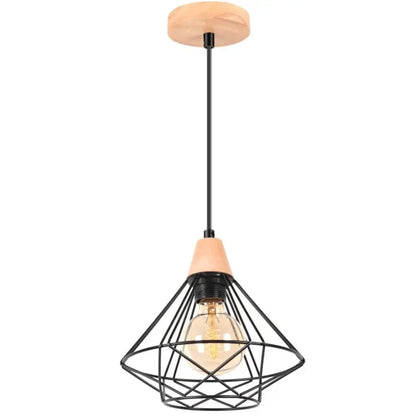 Industrial wood ceiling chandelier with black metal cage and warm wood base housing an exposed Edison bulb decorbites industrial wood