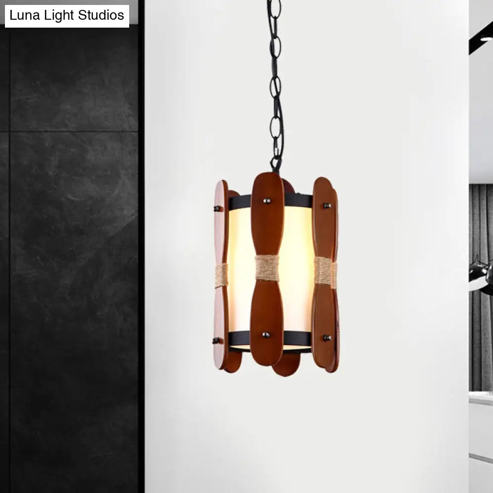 Industrial Wood Ceiling Lamp with Cream Glass Shade