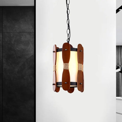 Industrial Wood Ceiling Lamp with Cream Glass Shade