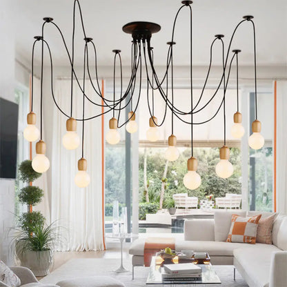 Industrial Wood Dining Room Pendant Lamp with Exposed Bulb and Swag Design