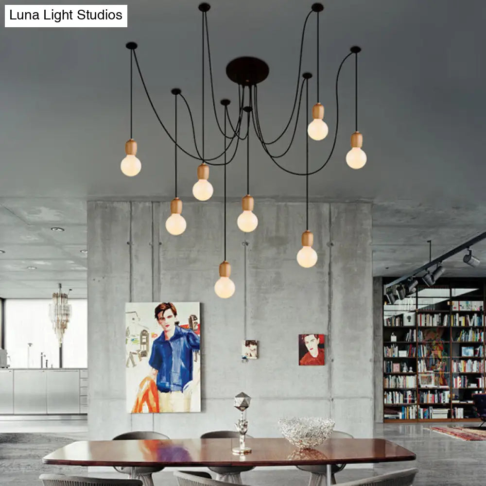 Industrial Wood Dining Room Pendant Lamp with Exposed Bulb and Swag Design