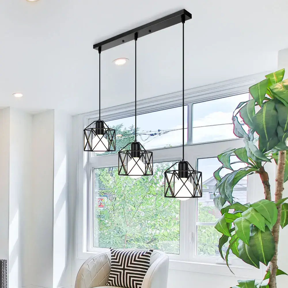 Black geometric cage pendant light with modern industrial design for dining room decorbites industrial wood pendant