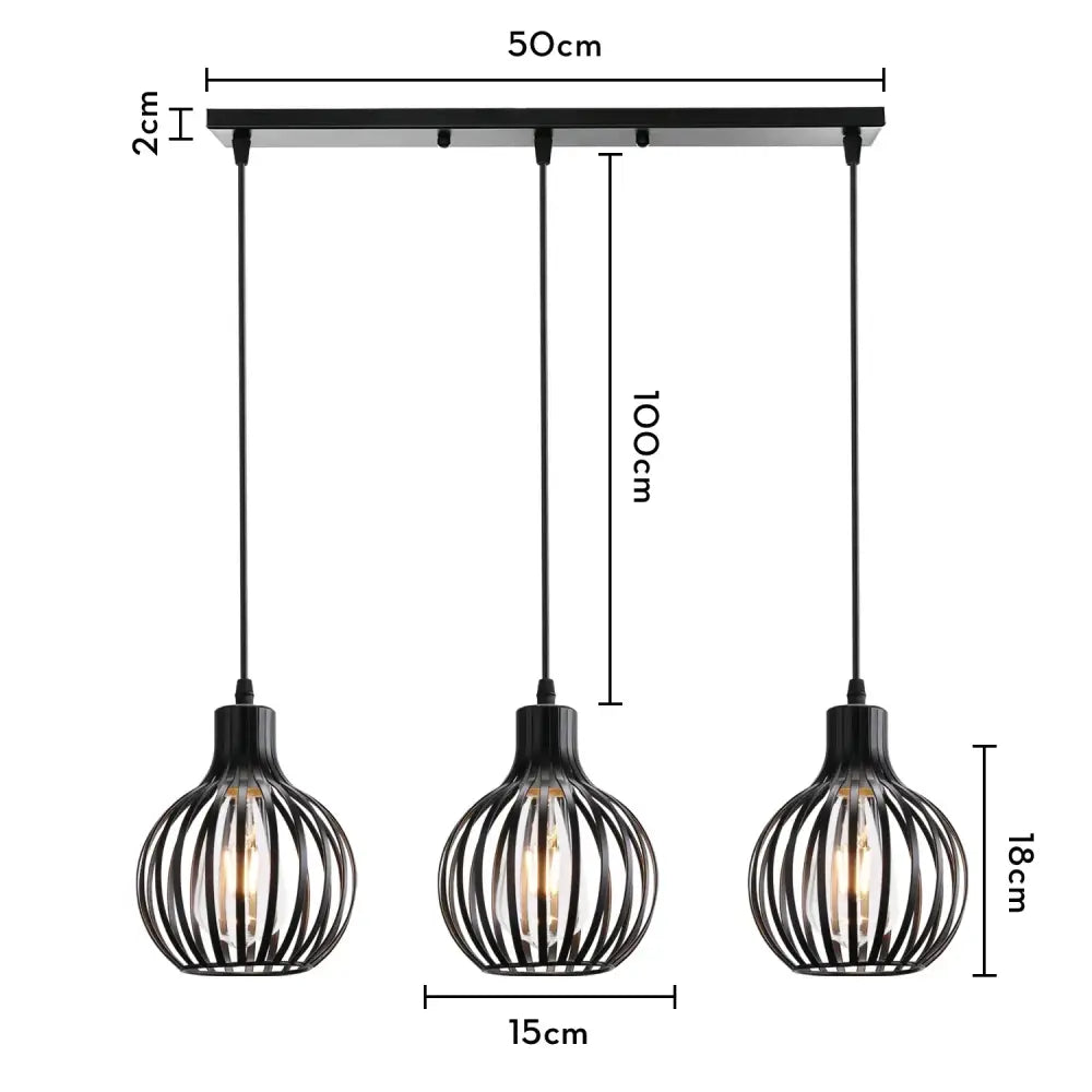 Black wrought iron industrial wood pendant light with three spherical cage shades for dining room decorbites industrial wood pendant