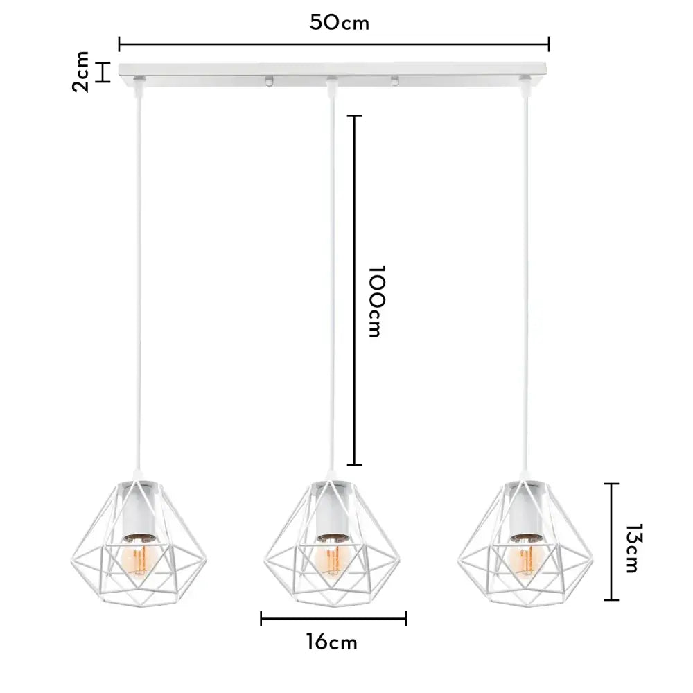 White geometric pendant light with three diamond wire cages and warm bulbs in decorbites industrial wood pendant