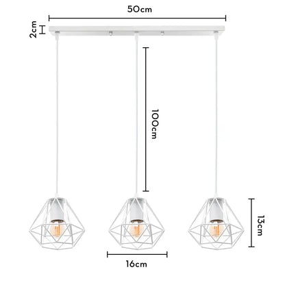 White geometric pendant light with three diamond wire cages and warm bulbs in decorbites industrial wood pendant