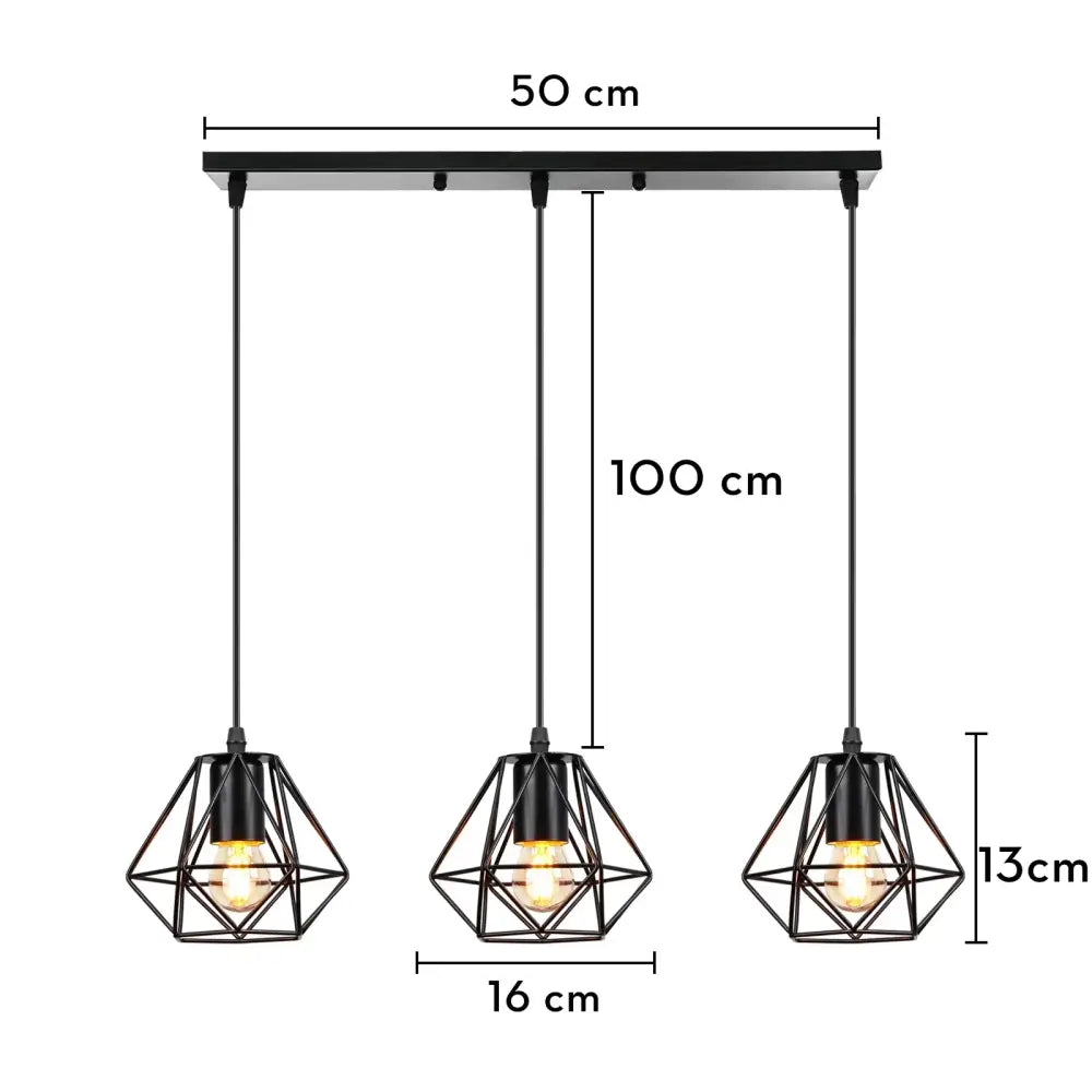 Black metal geometric pendant light fixture with three hanging bulbs for decorbites industrial wood dining room pendant light
