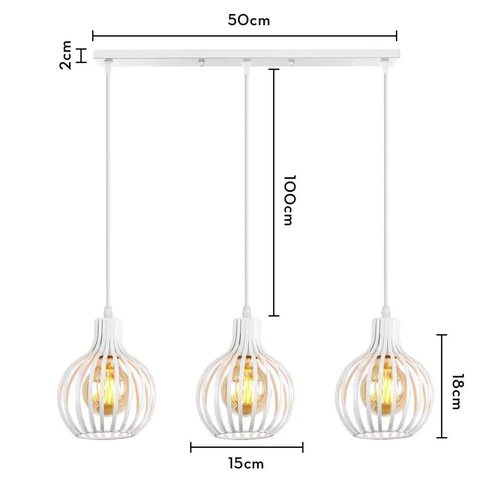 White metal pendant light with three cage-style bulbs for industrial wood pendant decorbites dining room fixture