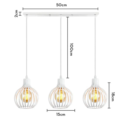 White metal pendant light with three cage-style bulbs for industrial wood pendant decorbites dining room fixture