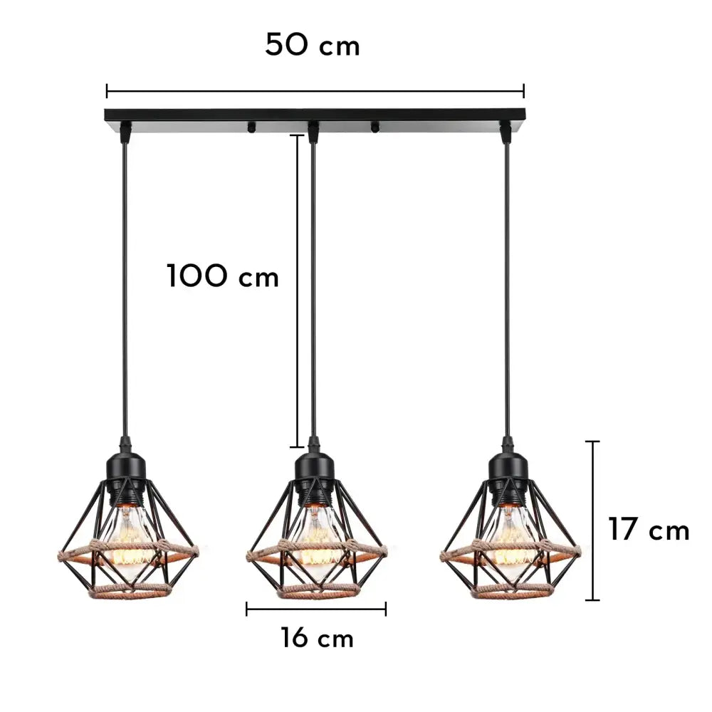 Black metal and rope industrial wood pendant light with three geometric cages for black and white dining room decorbites industrial wood pendant