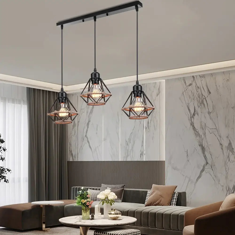 Industrial wood pendant light featuring black and copper geometric design with exposed bulbs for dining room decorbites industrial wood