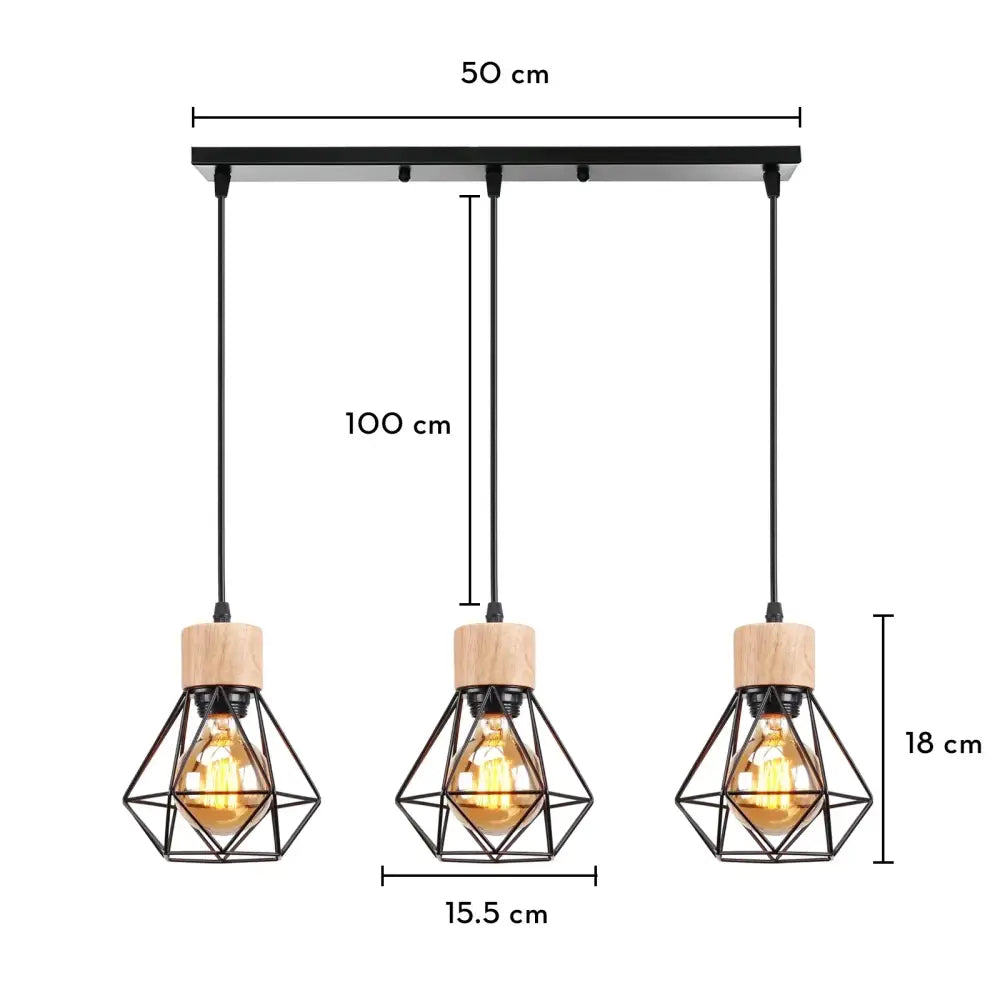 Industrial wood pendant light with black metal geometric cages wood caps and warm filament bulbs for dining room decorbites industrial wood pendant