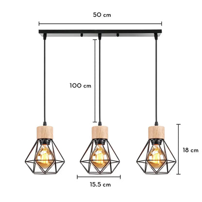 Industrial wood pendant light with black metal geometric cages wood caps and warm filament bulbs for dining room decorbites industrial wood pendant