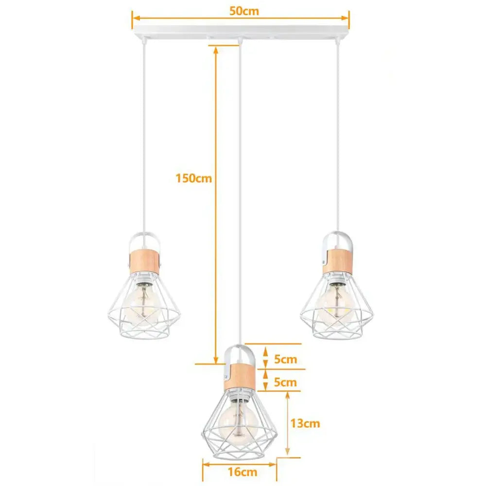 White industrial wood pendant light with three geometric wire cage bulbs and warm wooden accents for dining room decorbites industrial wood pendant