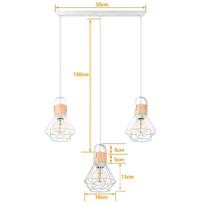 White industrial wood pendant light with three geometric wire cage bulbs and warm wooden accents for dining room decorbites industrial wood pendant