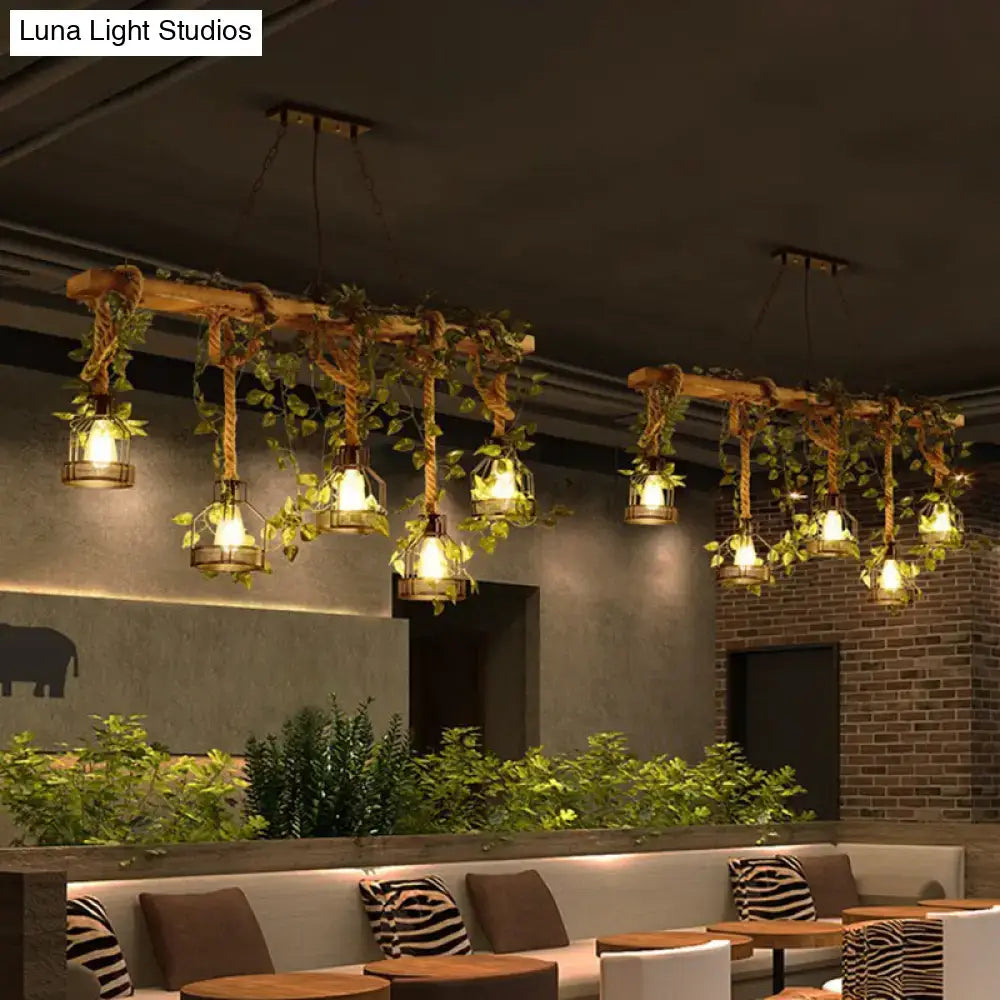 Industrial wood pendant light with rustic wooden beams metal lanterns and hanging green vines for dining room led chandelier 220v-240v