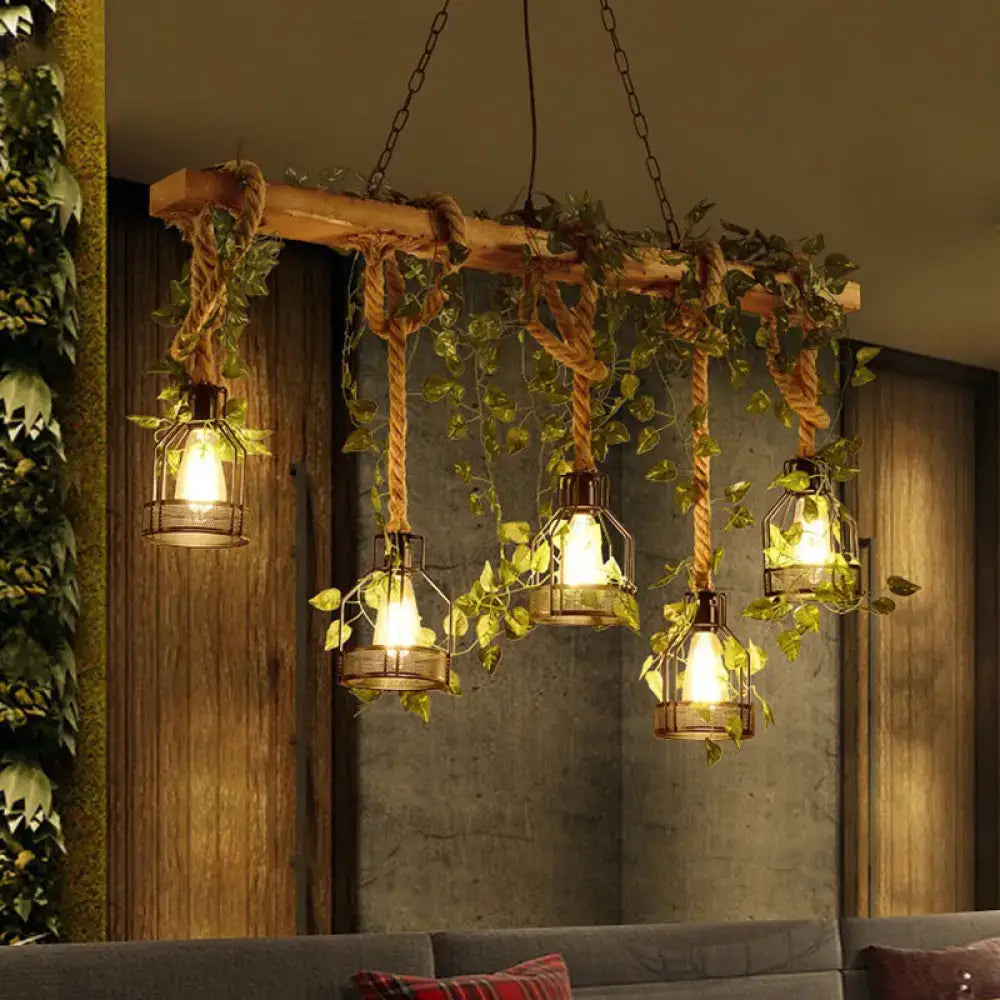 Rustic wooden beam industrial wood pendant light with hanging metal lanterns and green vines dining room led chandelier 220v-240v