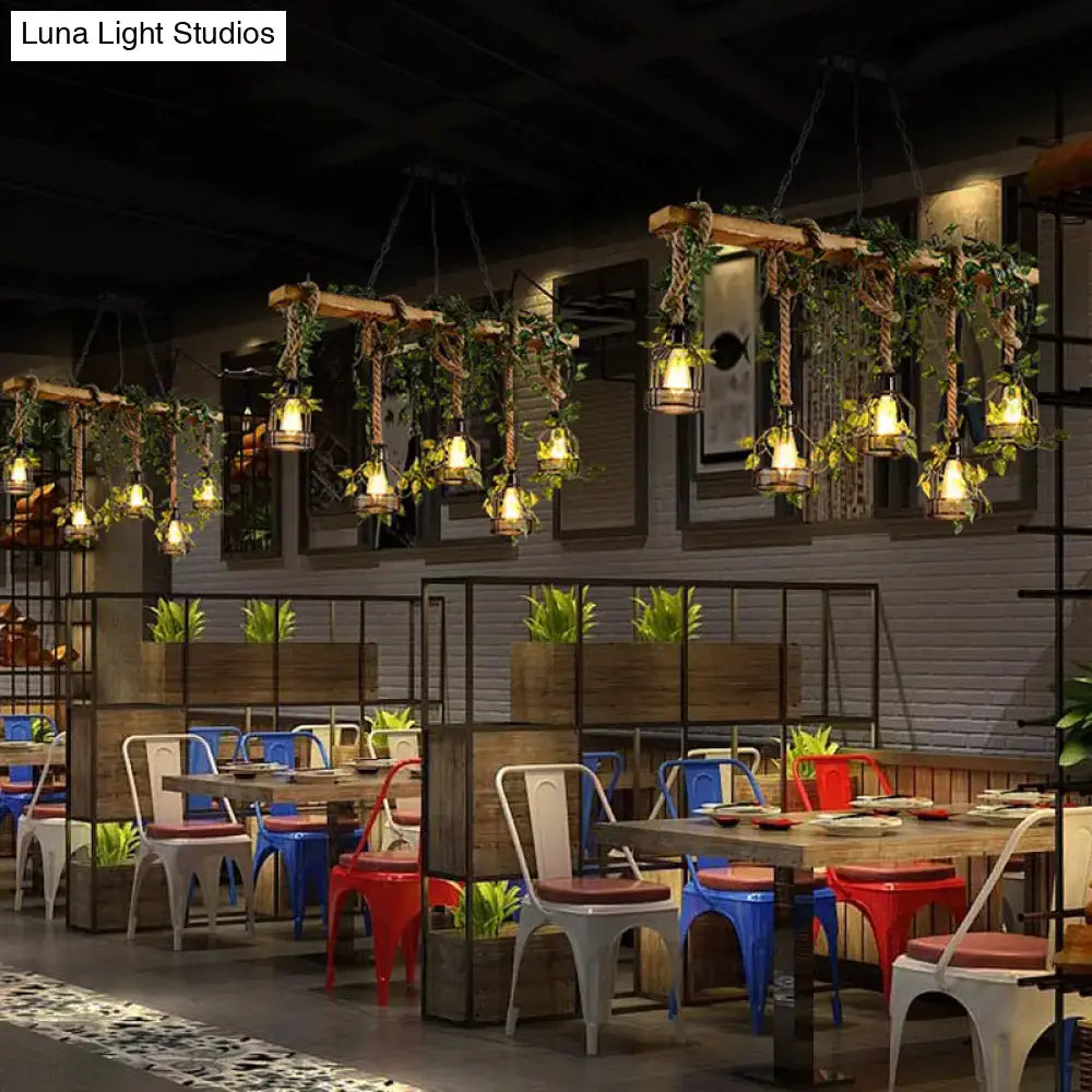 Rustic wooden industrial pendant light with greenery and rope accents led chandelier for dining room 220v-240v 110v-120v