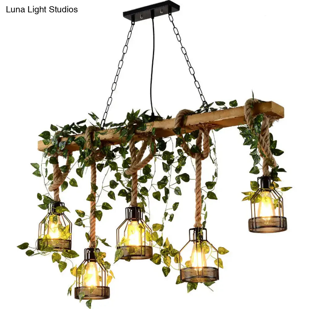 Rustic industrial wood pendant light with black metal cage lanterns and green ivy vines for dining room 220v-240v led chandelier