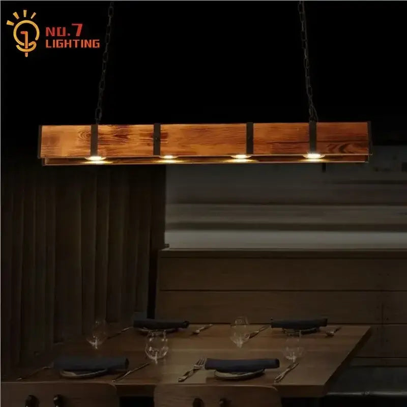 Rustic wooden rectangular industrial wood pendant light with black metal accents and four warm bulbs for dining room decorbites industrial wood pendant