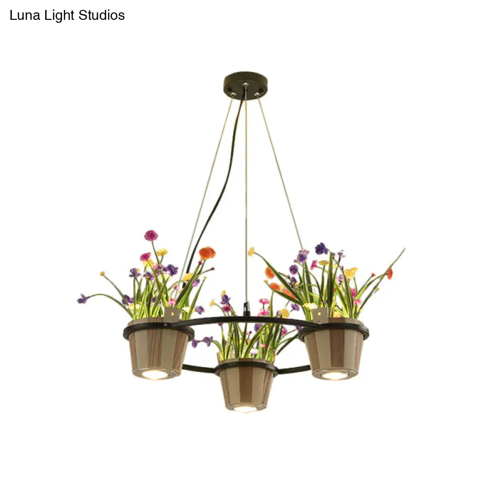 Industrial Wooden Ceiling Chandelier - Round Pendant with Potted Plant in Black, 3/6/9 Lights