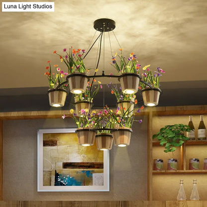 Industrial Wooden Ceiling Chandelier - Round Pendant with Potted Plant in Black, 3/6/9 Lights