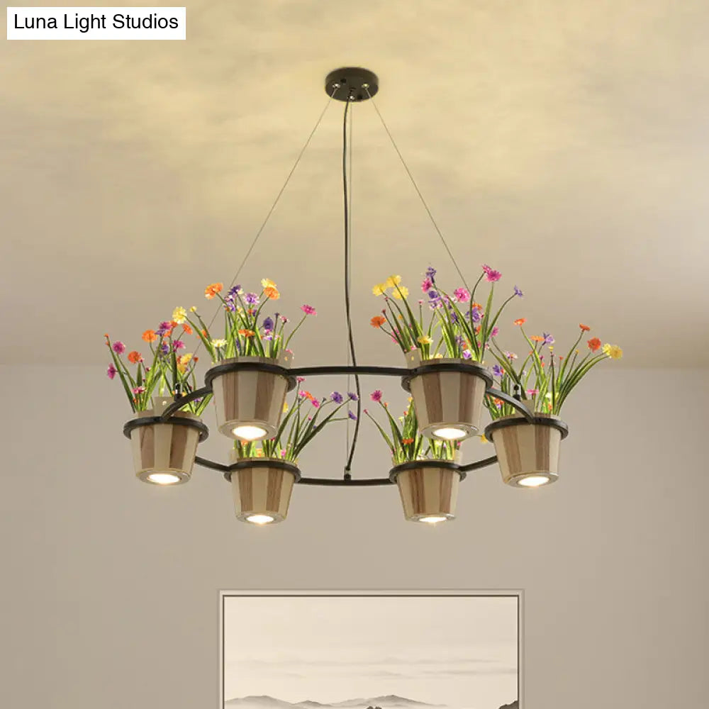 Industrial Wooden Ceiling Chandelier - Round Pendant with Potted Plant in Black, 3/6/9 Lights