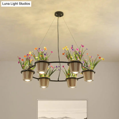 Industrial Wooden Ceiling Chandelier - Round Pendant with Potted Plant in Black, 3/6/9 Lights