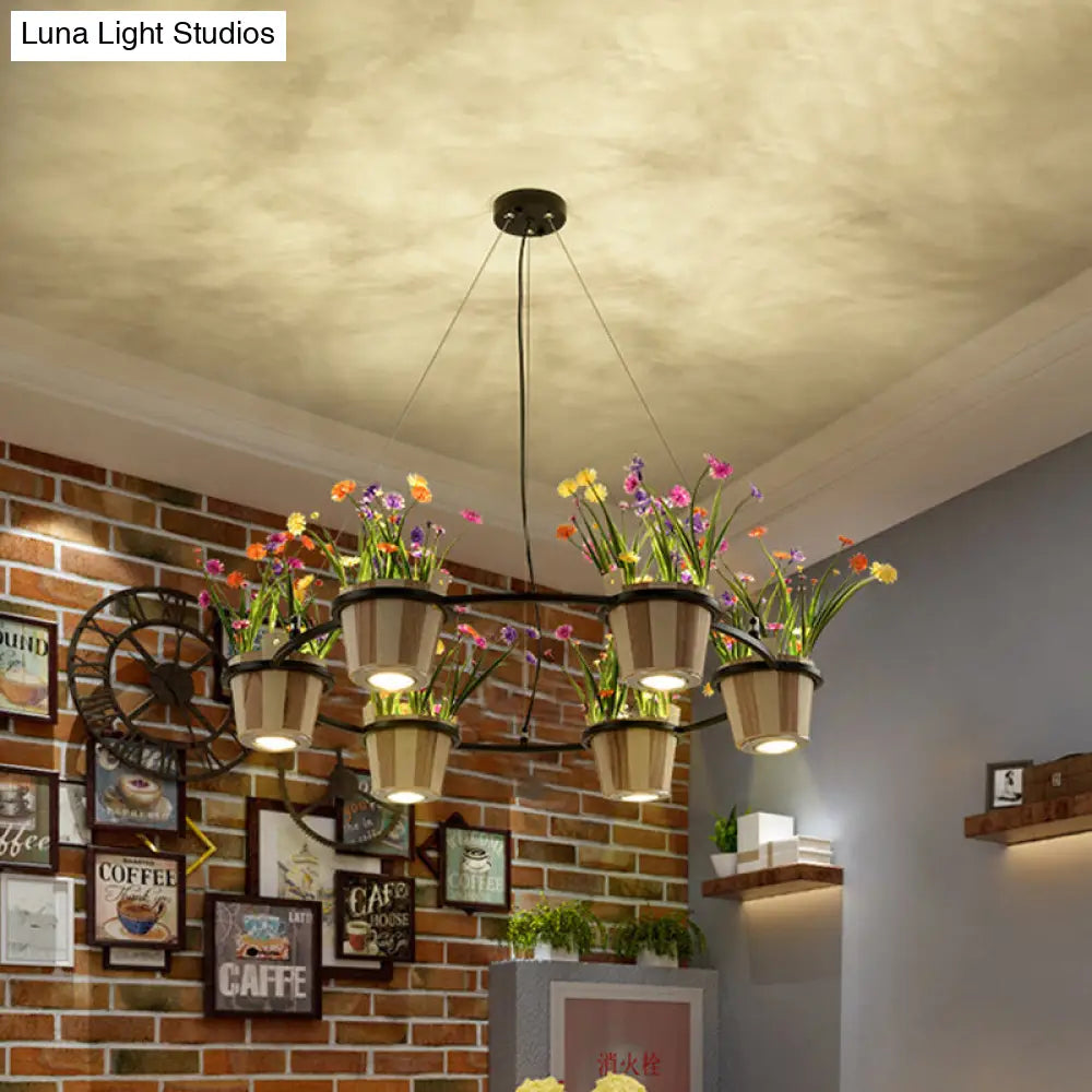 Industrial Wooden Ceiling Chandelier - Round Pendant with Potted Plant in Black, 3/6/9 Lights