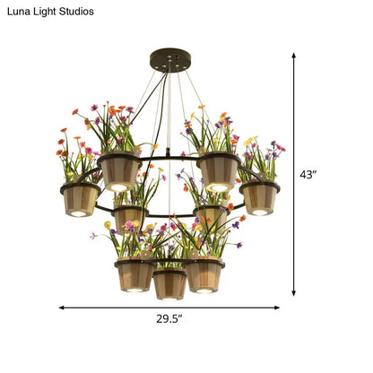 Industrial Wooden Ceiling Chandelier - Round Pendant with Potted Plant in Black, 3/6/9 Lights