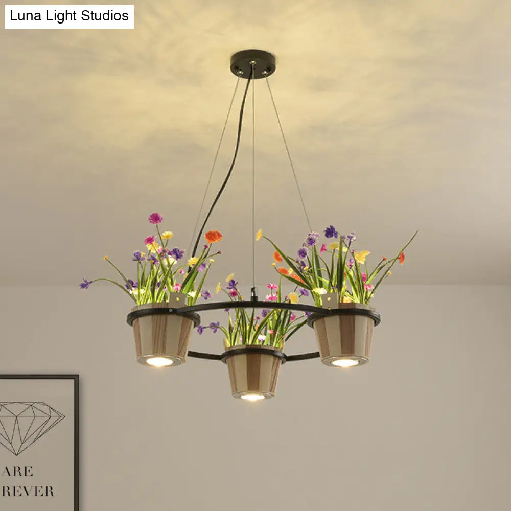 Industrial Wooden Ceiling Chandelier - Round Pendant with Potted Plant in Black, 3/6/9 Lights