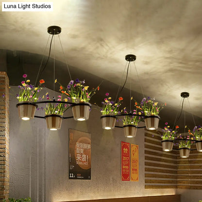 Industrial Wooden Ceiling Chandelier - Round Pendant with Potted Plant in Black, 3/6/9 Lights