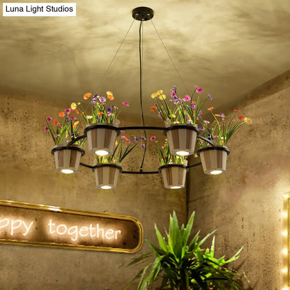 Industrial Wooden Ceiling Chandelier - Round Pendant with Potted Plant in Black, 3/6/9 Lights