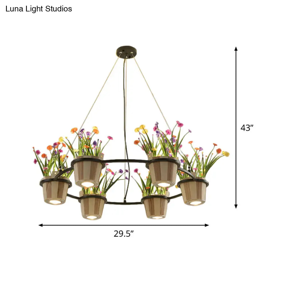 Industrial Wooden Ceiling Chandelier - Round Pendant with Potted Plant in Black, 3/6/9 Lights