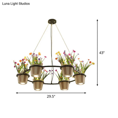 Industrial Wooden Ceiling Chandelier - Round Pendant with Potted Plant in Black, 3/6/9 Lights