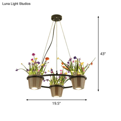 Industrial Wooden Ceiling Chandelier - Round Pendant with Potted Plant in Black, 3/6/9 Lights