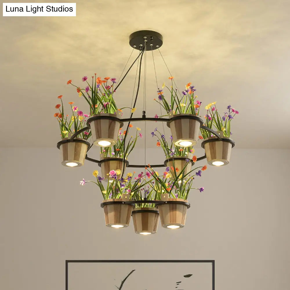 Industrial Wooden Ceiling Chandelier - Round Pendant with Potted Plant in Black, 3/6/9 Lights
