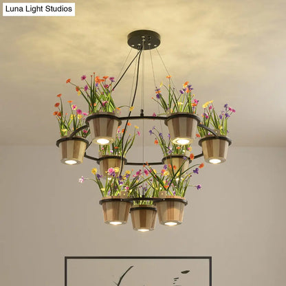 Industrial Wooden Ceiling Chandelier - Round Pendant with Potted Plant in Black, 3/6/9 Lights