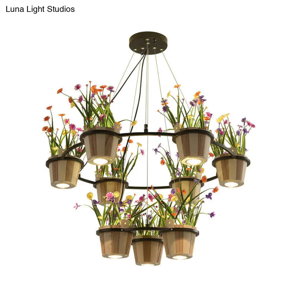 Industrial Wooden Ceiling Chandelier - Round Pendant with Potted Plant in Black, 3/6/9 Lights