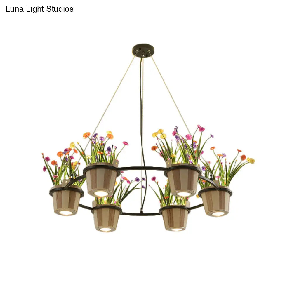 Industrial Wooden Ceiling Chandelier - Round Pendant with Potted Plant in Black, 3/6/9 Lights