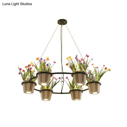 Industrial Wooden Ceiling Chandelier - Round Pendant with Potted Plant in Black, 3/6/9 Lights