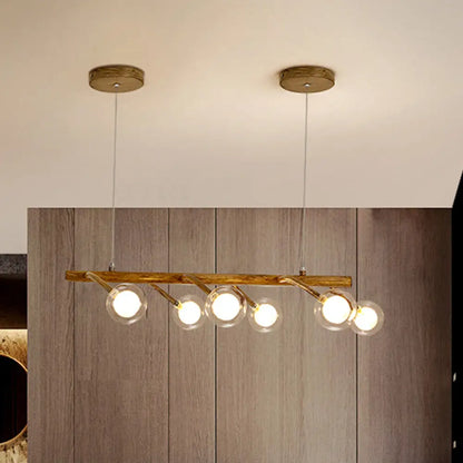 DecorBites™ Industrial Wooden Chandelier – Branching Drop Pendant, 6/8 Head, Brown with Modo Clear Glass Shade for Dining Hall or Island