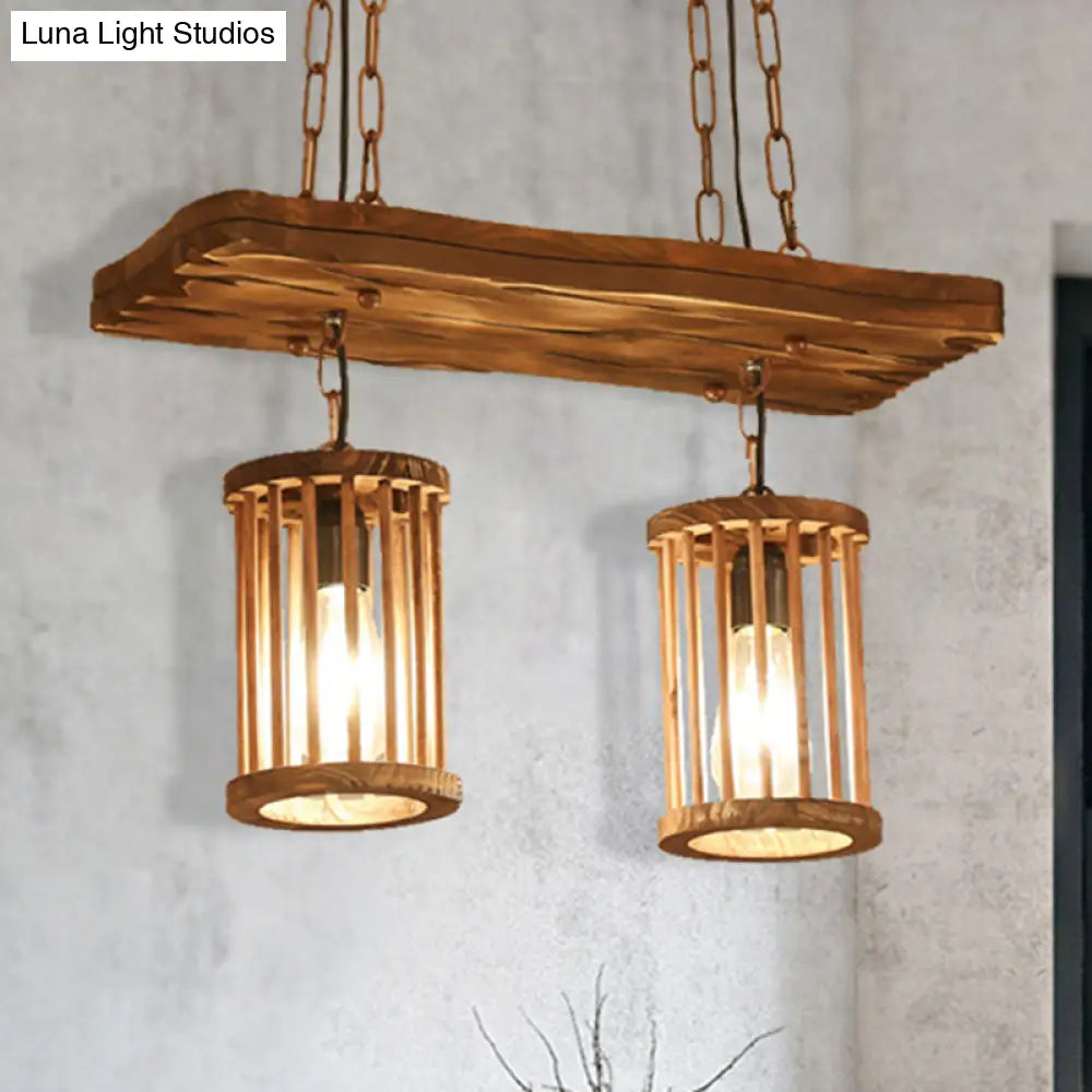 Industrial Wooden Chandelier with Cylinder Shades - 2/3 Light Ceiling Lamp for Dining Room