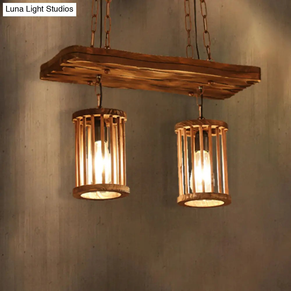 Industrial Wooden Chandelier with Cylinder Shades - 2/3 Light Ceiling Lamp for Dining Room