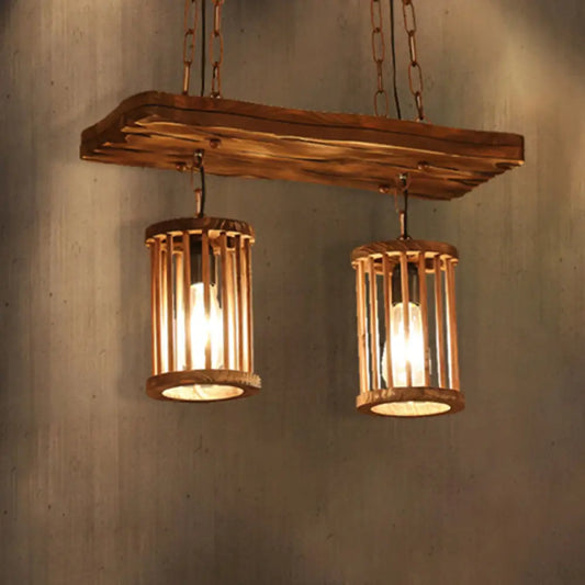 Industrial Wooden Chandelier with Cylinder Shades - 2/3 Light Ceiling Lamp for Dining Room